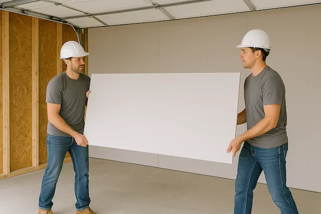 Crew hanging drywall board for Burlington renovation