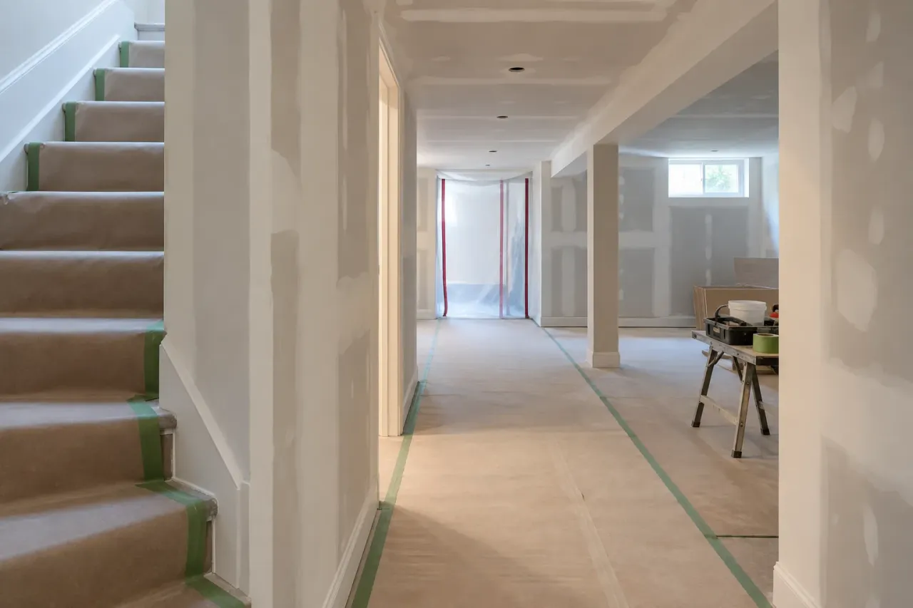 Protected basement walkway beside drywall walls with joint compound and a contained work area