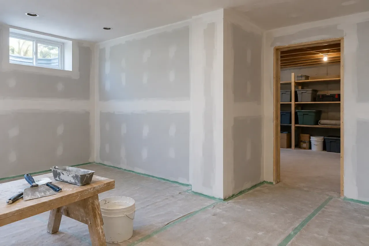 Basement drywall finishing around a doorway and short partition beside a storage area