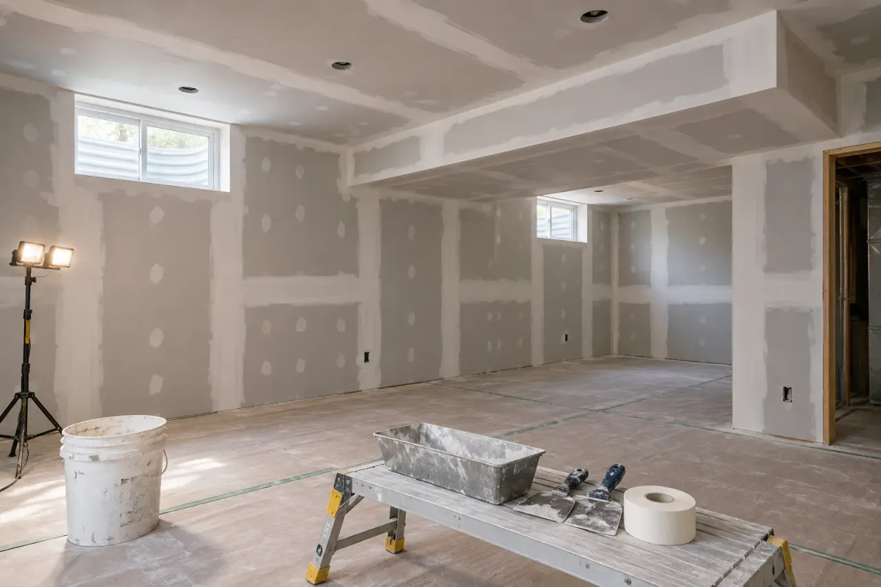 Basement drywall with feathered joint compound across wall and ceiling seams and a protected floor