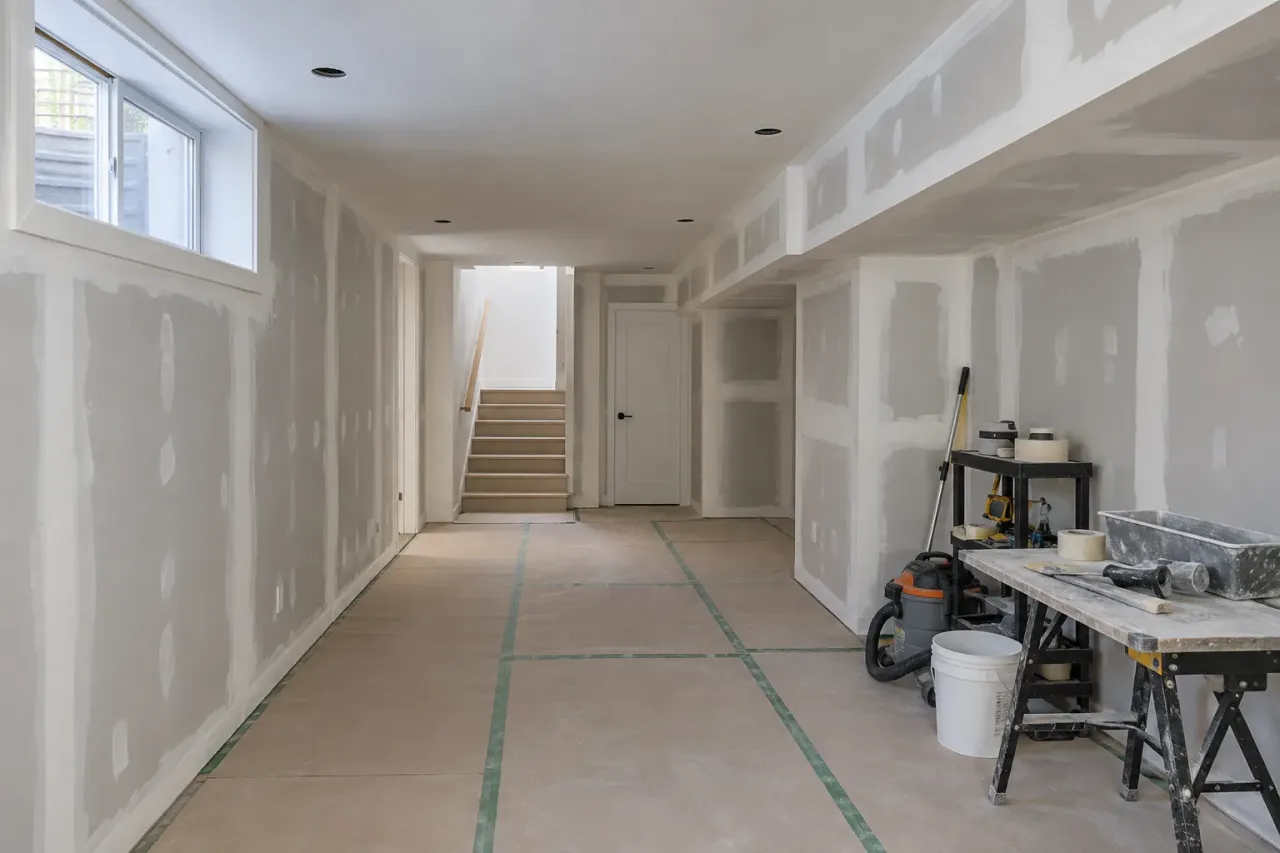 Compact basement with taped drywall seams, a stepped bulkhead, and stairs at the end