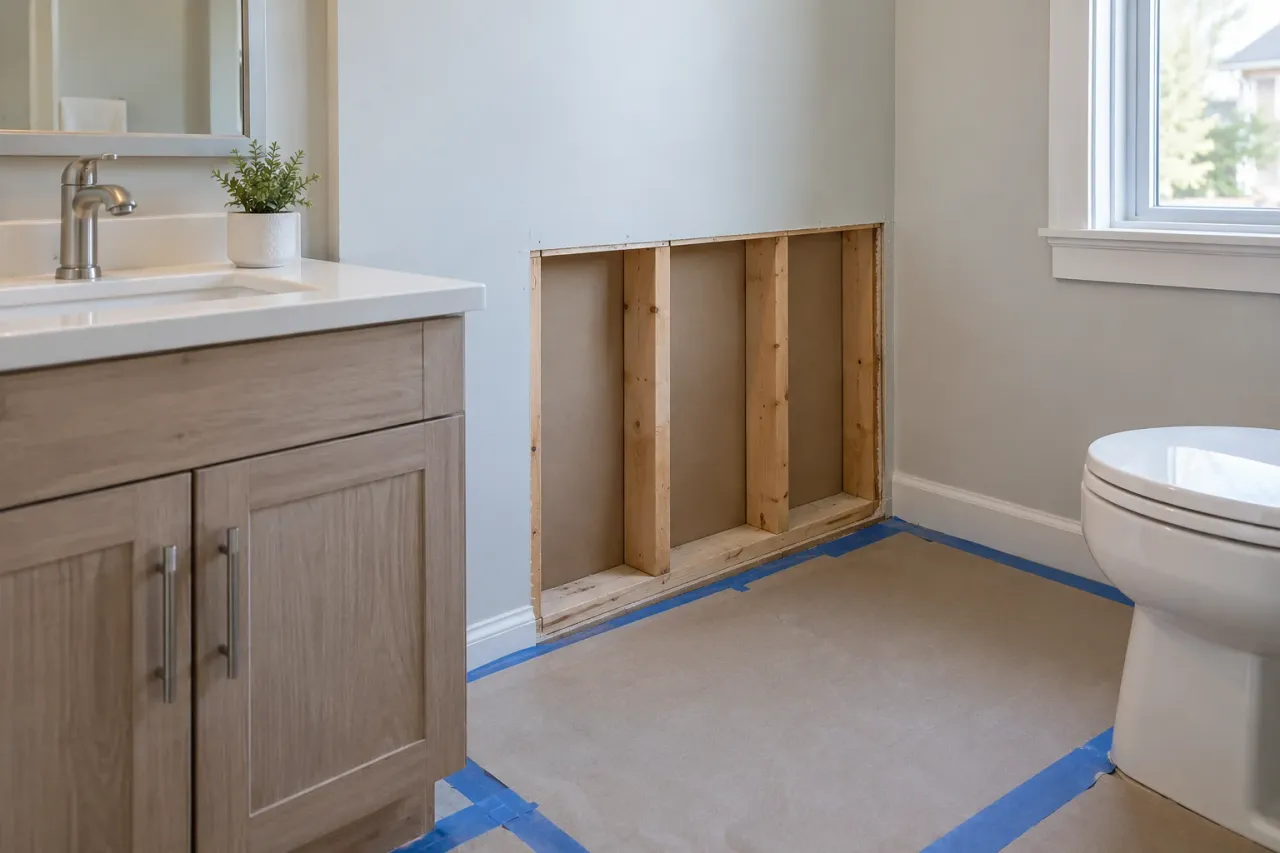Clean lower bathroom wall opening exposing timber framing beside a vanity and protected floor