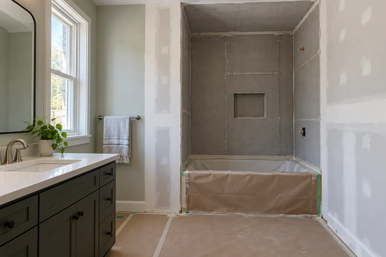 Painted bathroom wall beside an unfinished shower alcove with different backing
