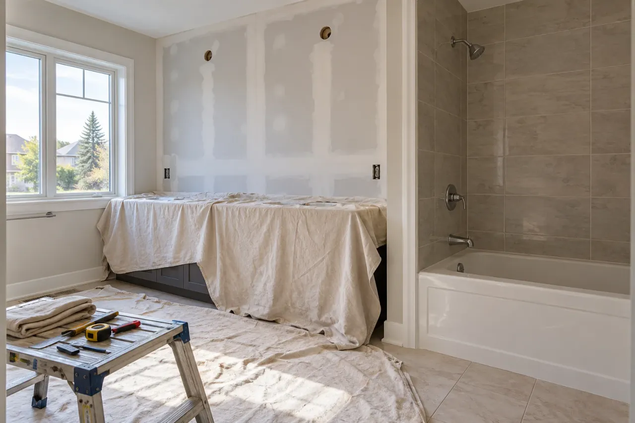 Protected double vanity beneath newly taped bathroom drywall with an intact tiled tub surround