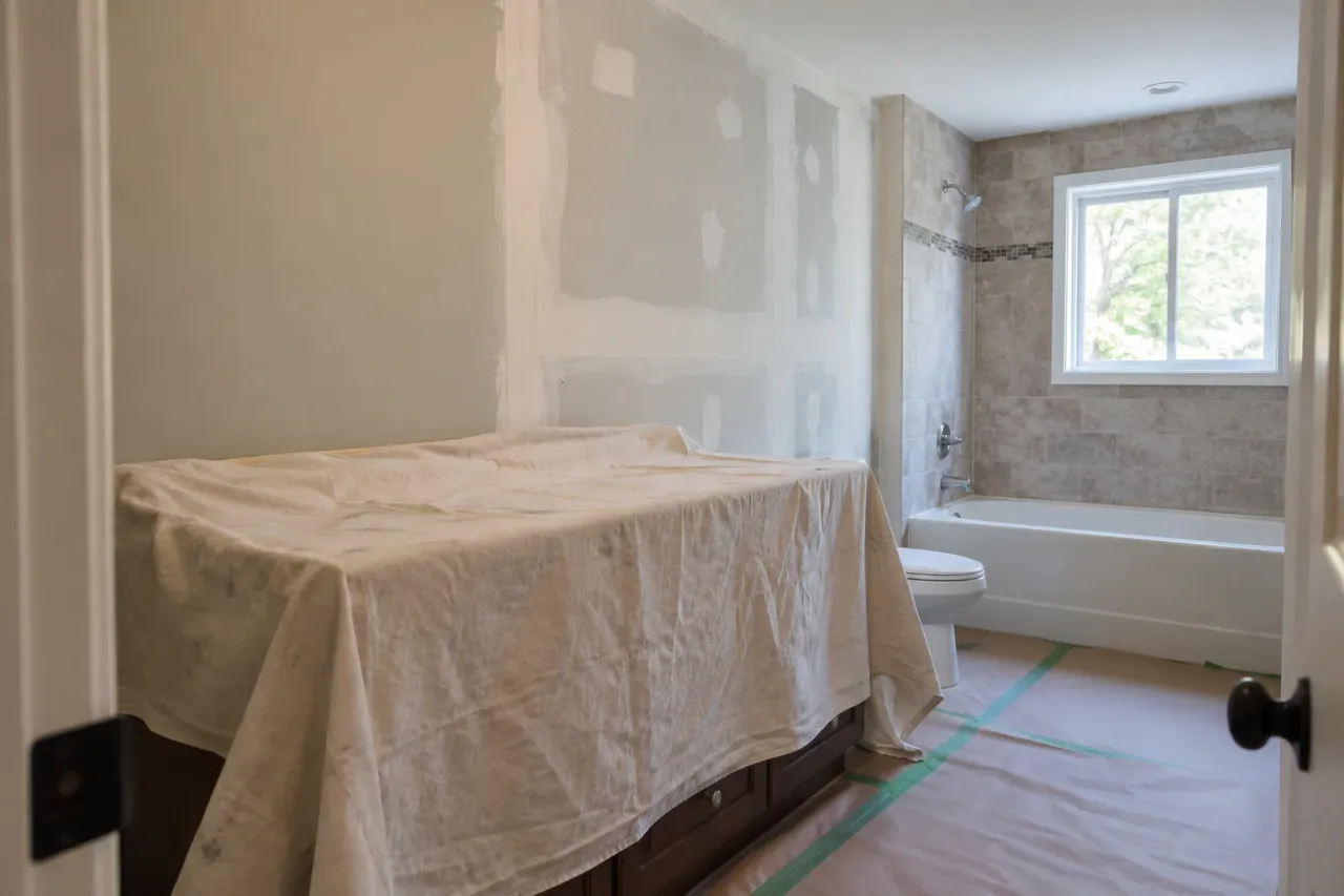 New drywall beside a retained painted bathroom wall, with covered vanity and protected floor