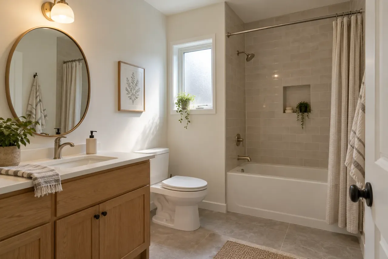 Smooth painted bathroom wall beside an oak vanity and tiled bathtub