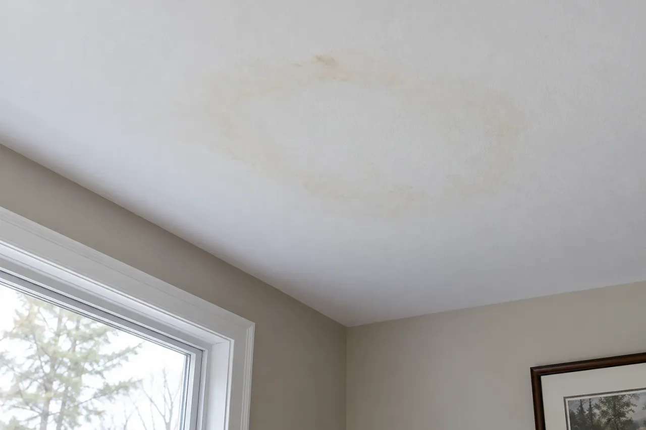 Pale brown ring visible through white ceiling paint near a living room corner