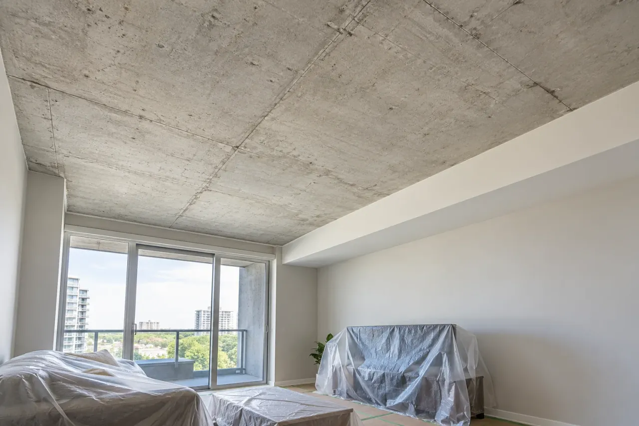 Exposed concrete condo ceiling beside a painted bulkhead above a protected living room