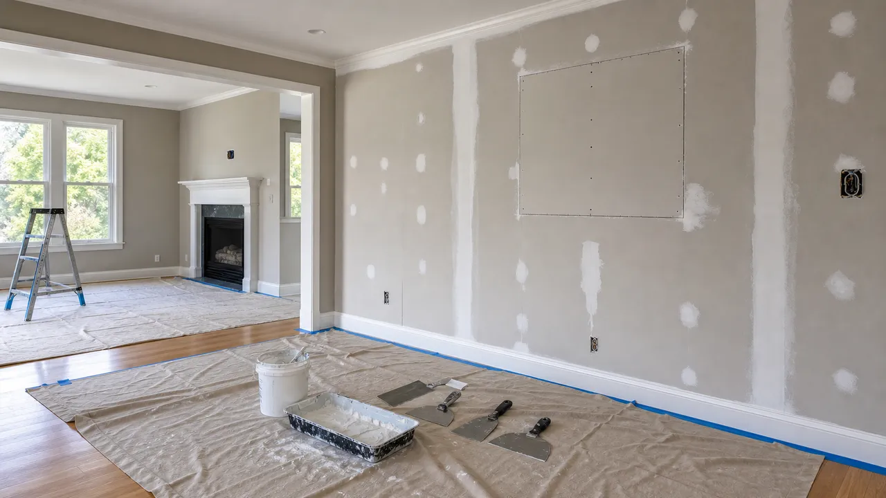 Burlington home interior with drywall repair and installation prep under clean protection.