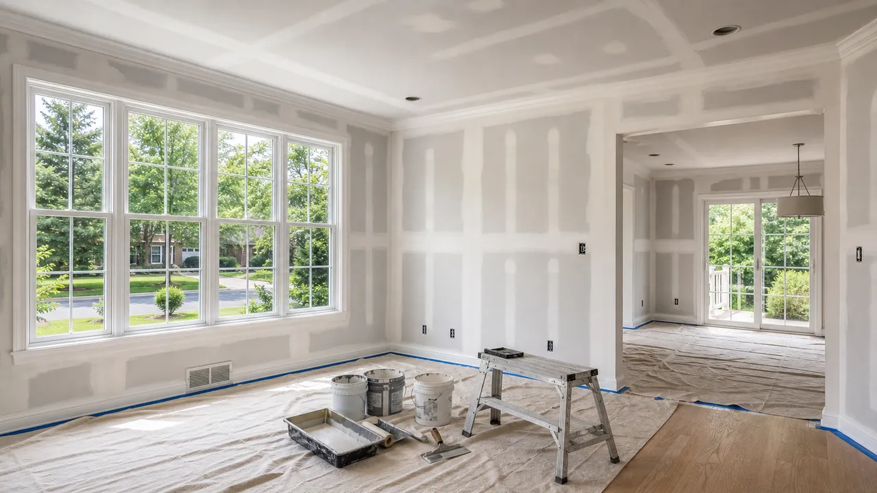 Oakville bright room with drywall finishing, protected floor, and smooth wall prep.
