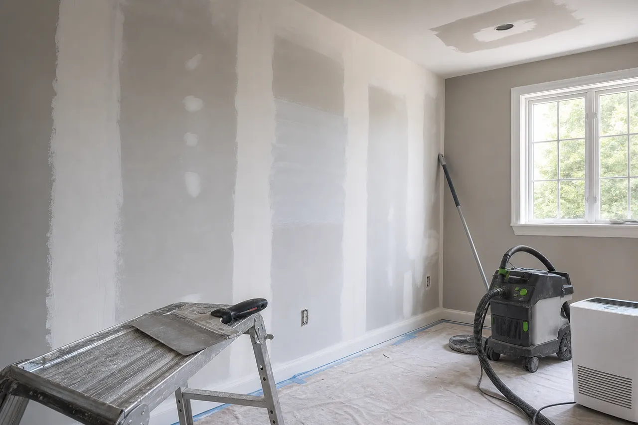 Drywall finishing stages drying in a protected Ontario room with HEPA sanding equipment