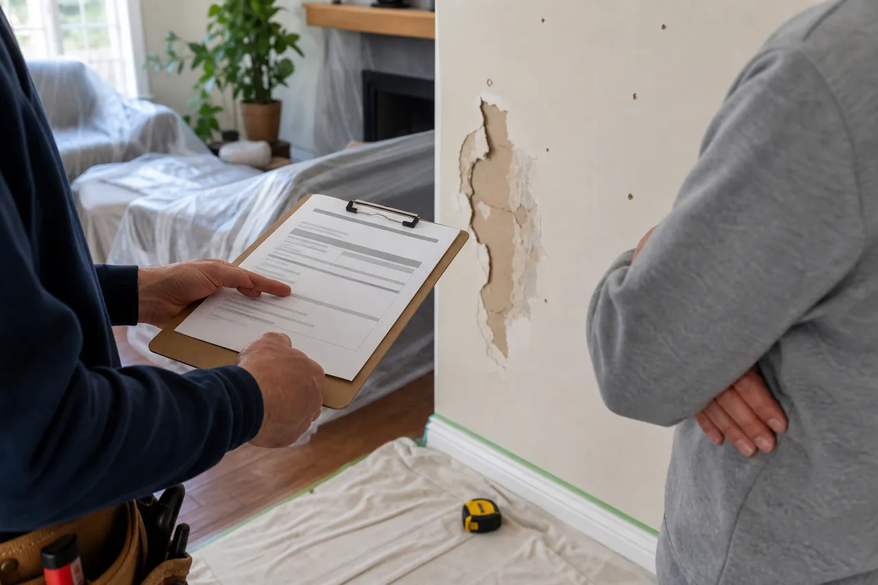 Contractor reviewing a drywall repair quote beside a damaged wall in a protected Ontario home
