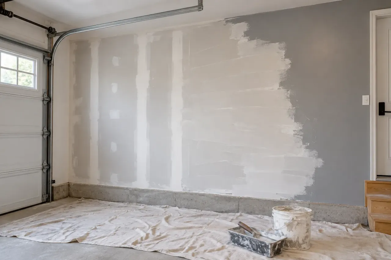 Broad skim-coat passes blending into a retained gray garage wall