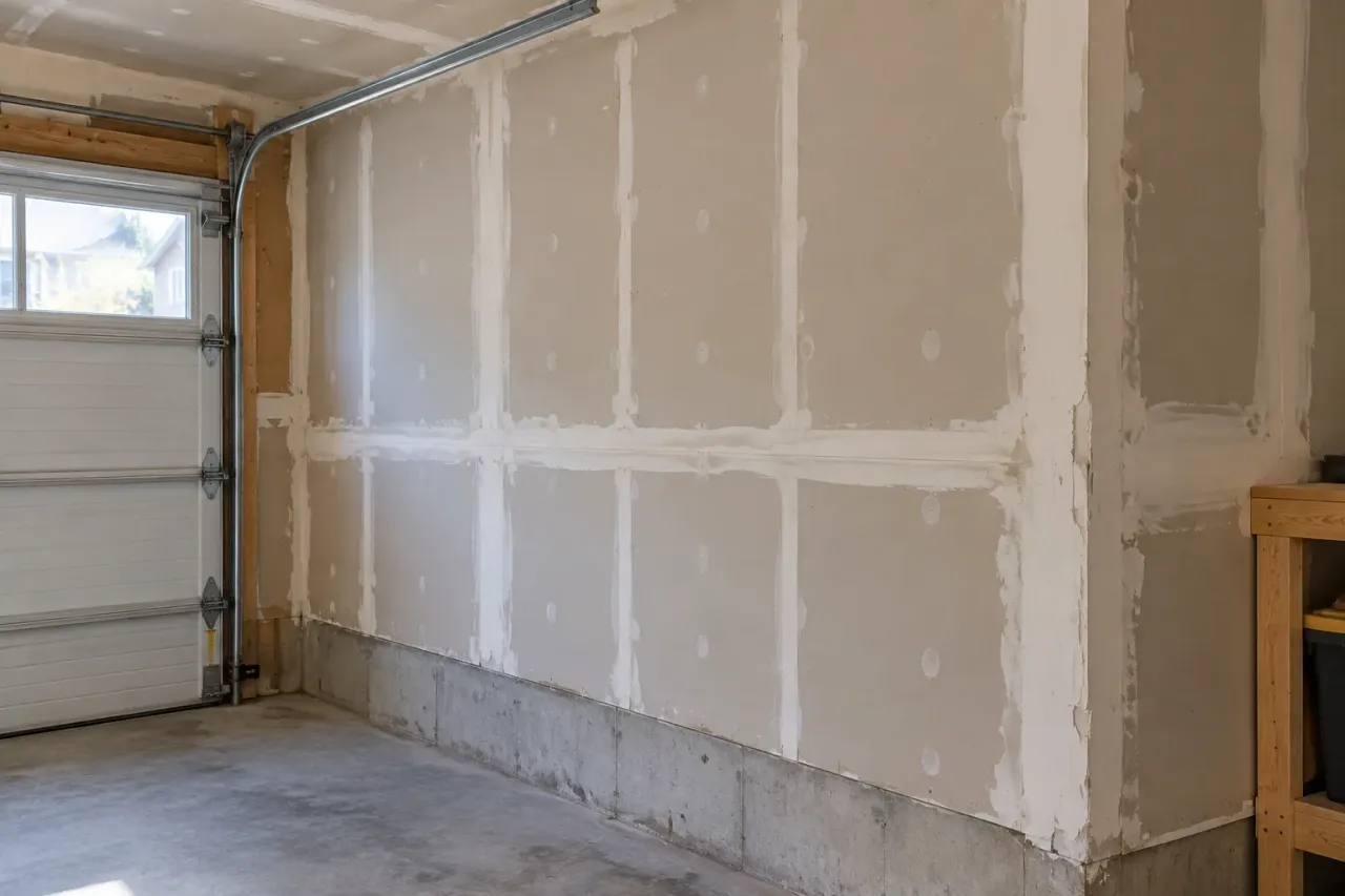 Unfinished garage wall with uneven compound ridges and visible fastener spots
