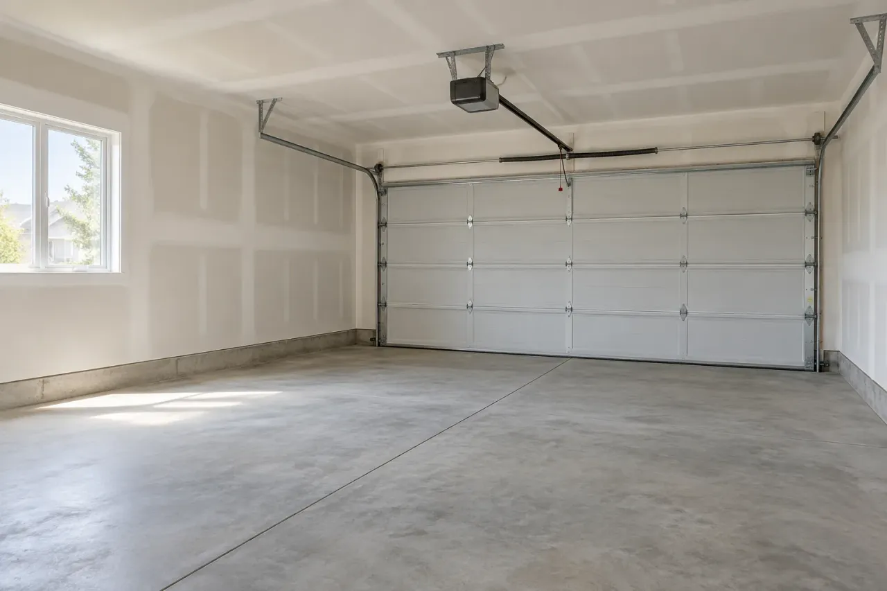 Garage with compound-finished drywall joints, concrete floor and closed sectional door