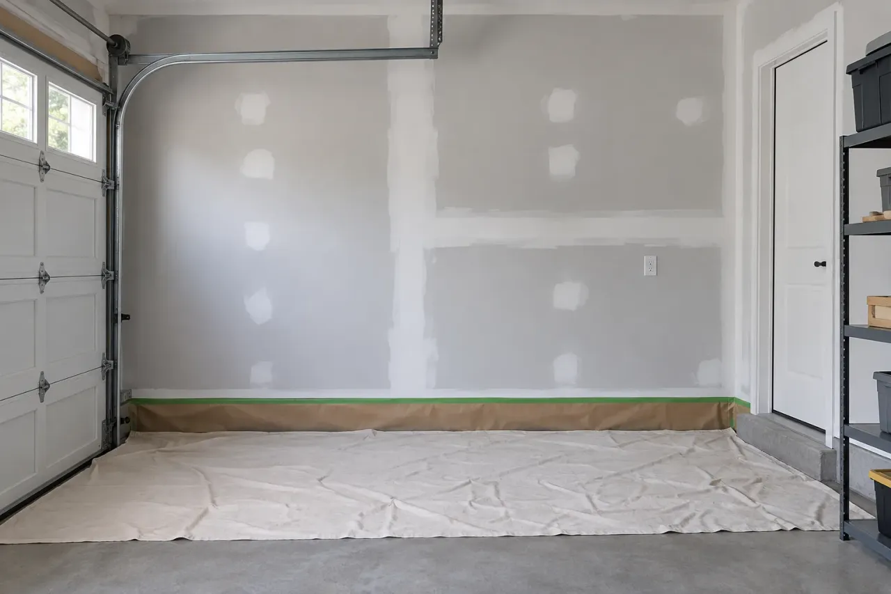 Garage wall with prepared joints and spot-primed repairs above a protected floor