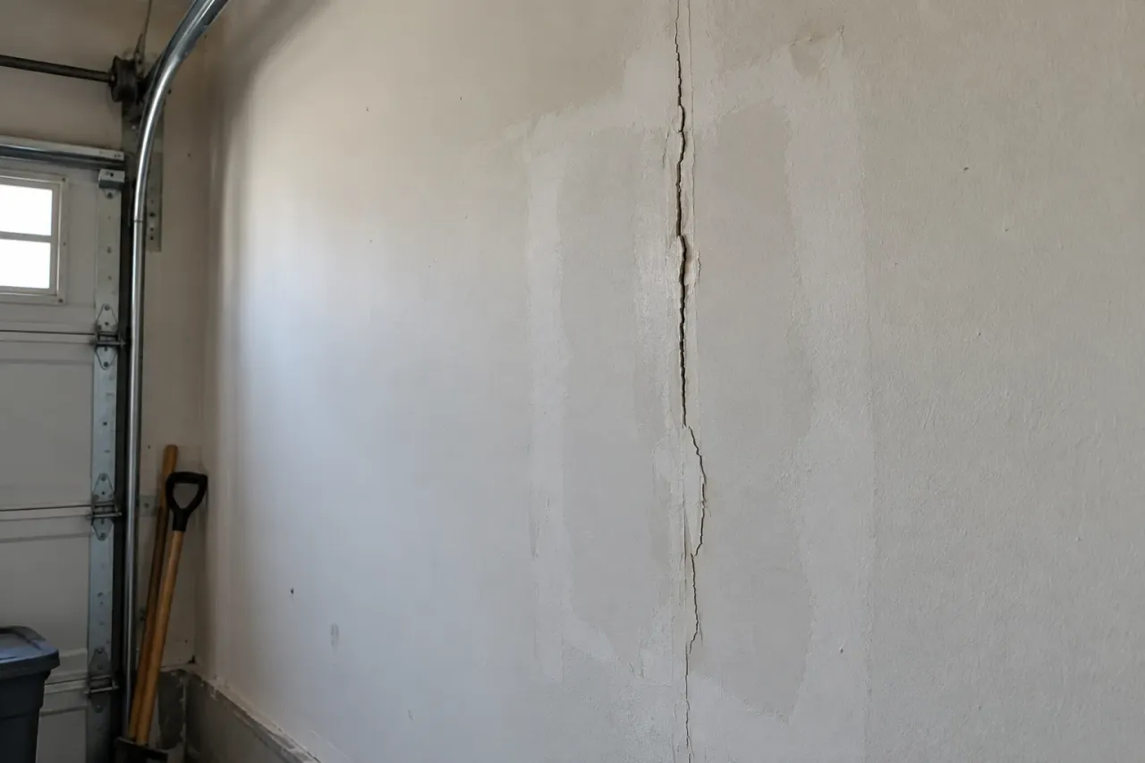 Reopened vertical garage wall seam through a wider older painted patch