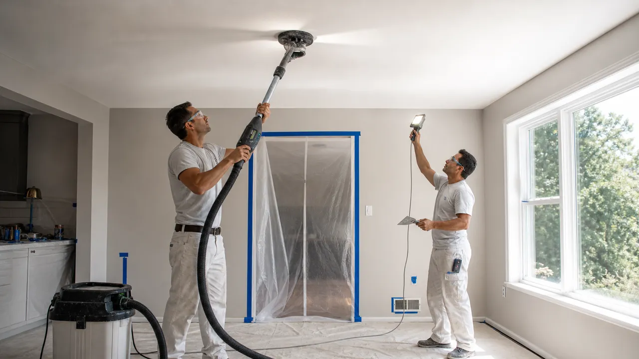Dust-controlled sanding setup for Dundas popcorn ceiling removal