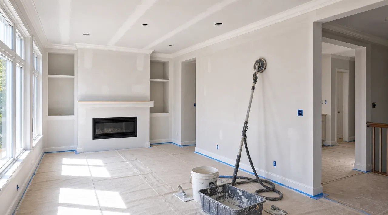 Illustrative room with drywall finishing materials and protected floors