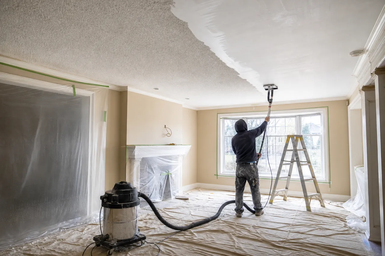 Contractor using dust control during popcorn ceiling removal in a protected Hamilton room