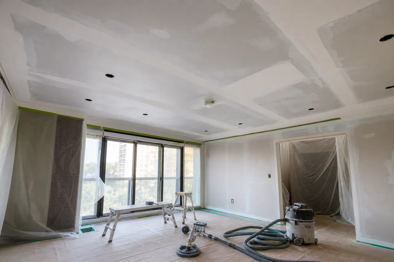 Ceiling skim coat drying before sanding and primer