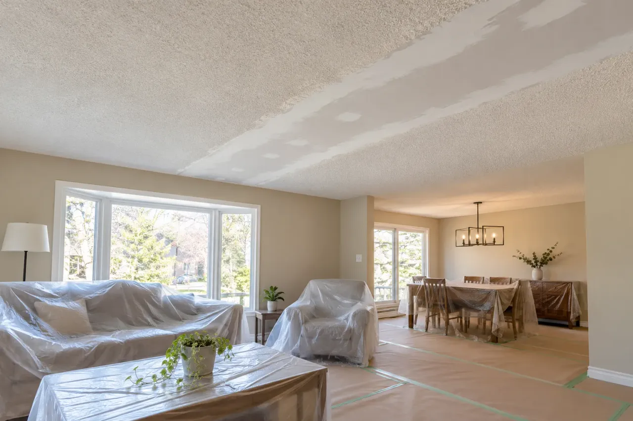 Taped ceiling strip between two textured ceiling areas in a protected open living and dining room