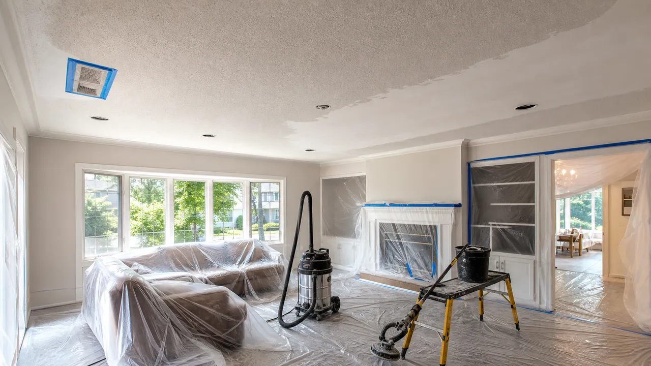 Oakville popcorn ceiling removal setup with protected floors and a ceiling prepared for smooth finishing