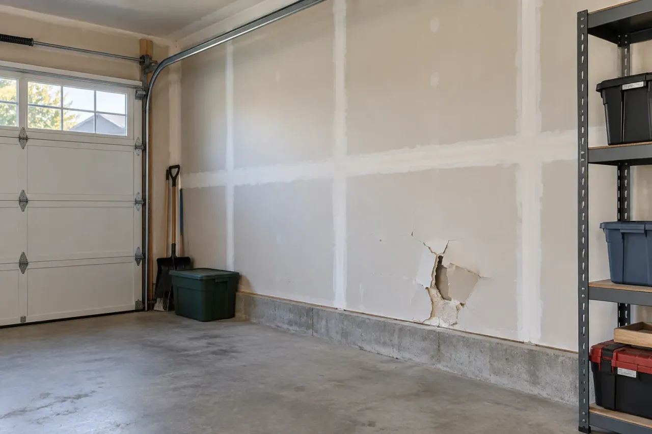 Impact damage in a lower garage drywall panel with intact surrounding walls