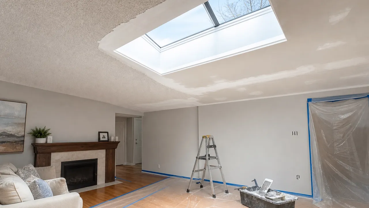 Popcorn ceiling removal and skim coating around a skylight opening