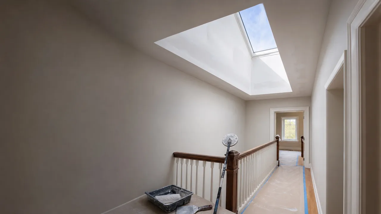 Skylight shaft drywall repair in a protected hallway