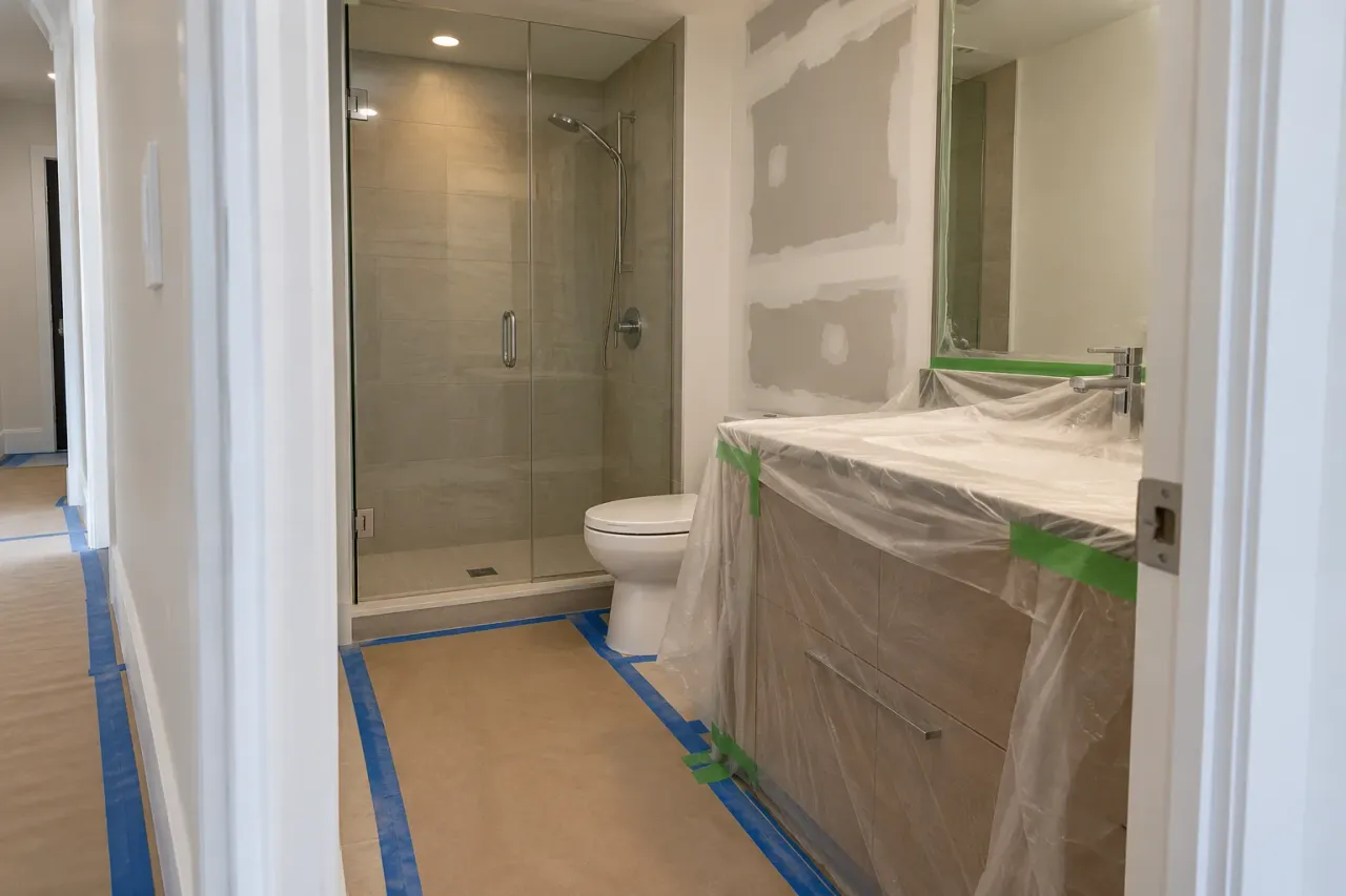 Compact condo bathroom with protected hallway, covered vanity and taped wall beside a finished shower