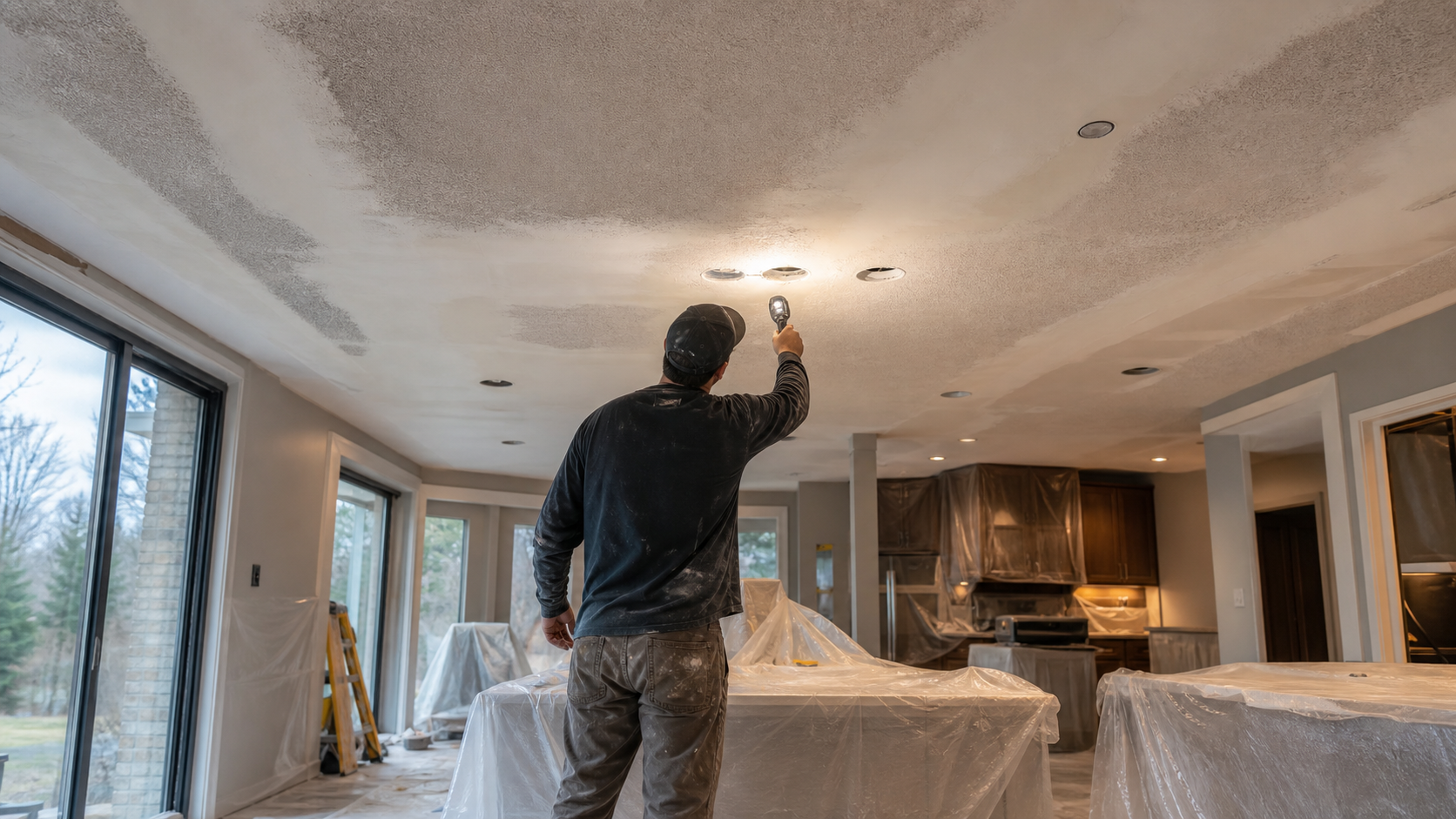 Popcorn Ceiling Removal With Pot Lights in Ancaster