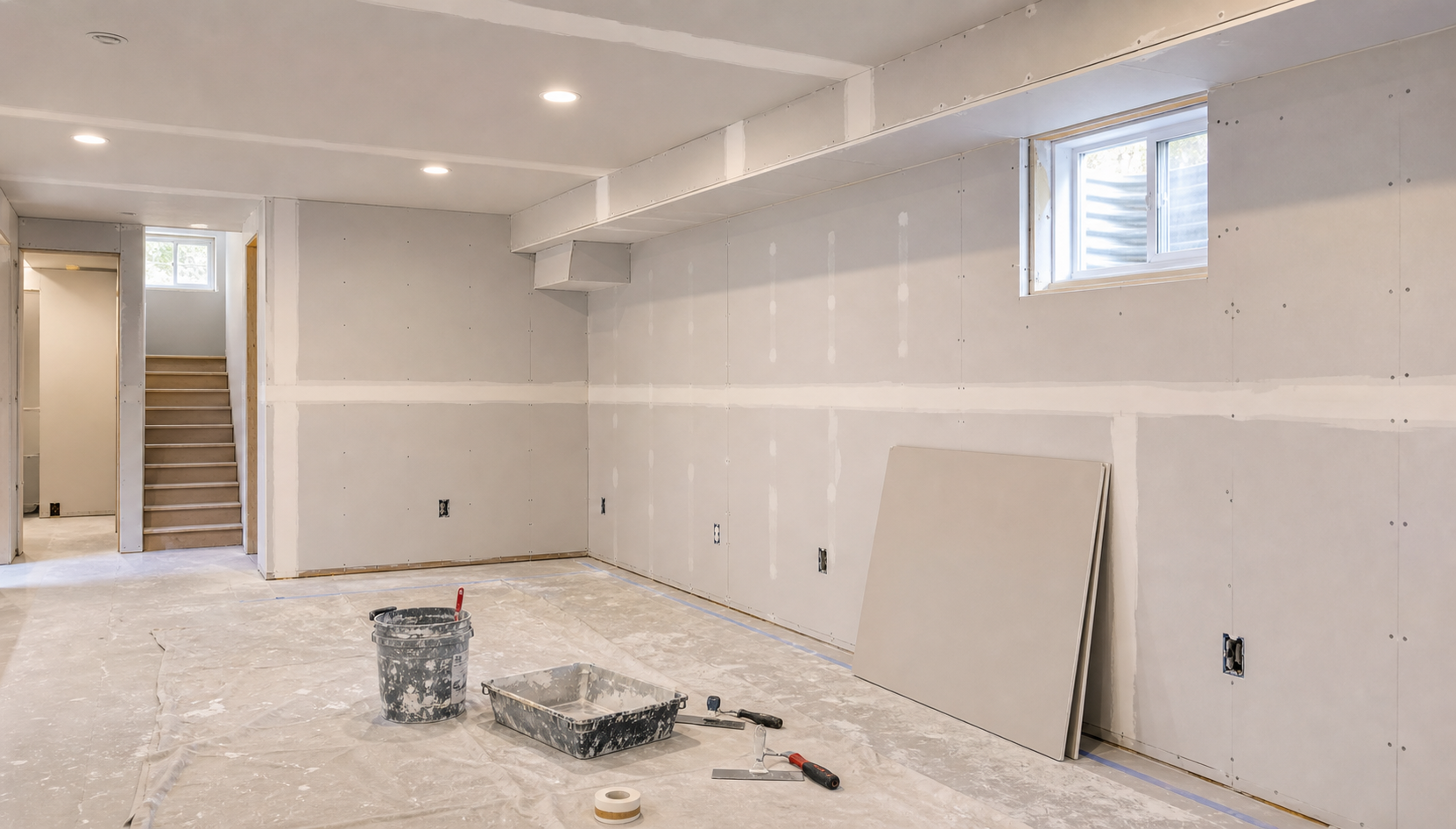 Hamilton basement with drywall board installed, protected floor, and taping tools ready for finishing.