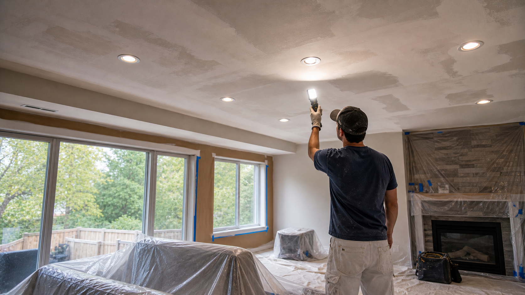 Popcorn Ceiling Removal With Pot Lights in Burlington