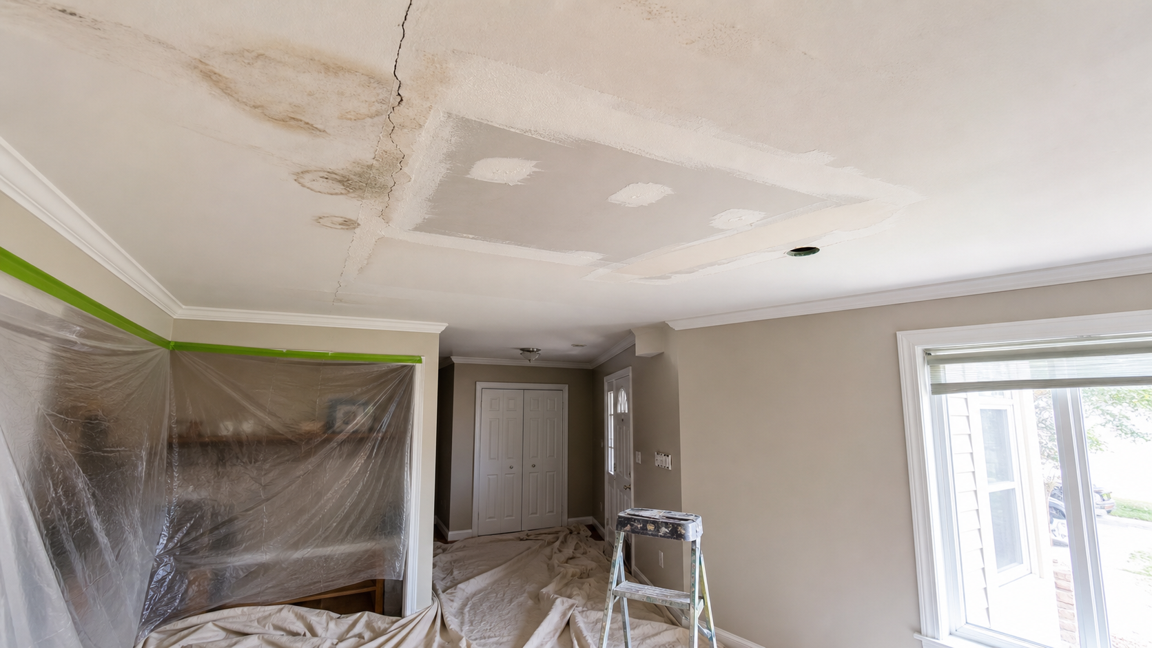 Ceiling drywall repair after leaks and cracks in a Grimsby-style home
