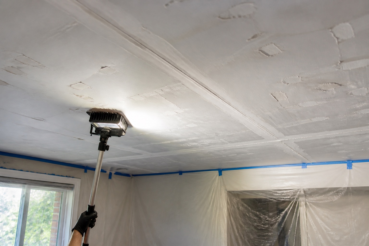 Scraped drywall ceiling with visible seams and gouges inspected under raking light
