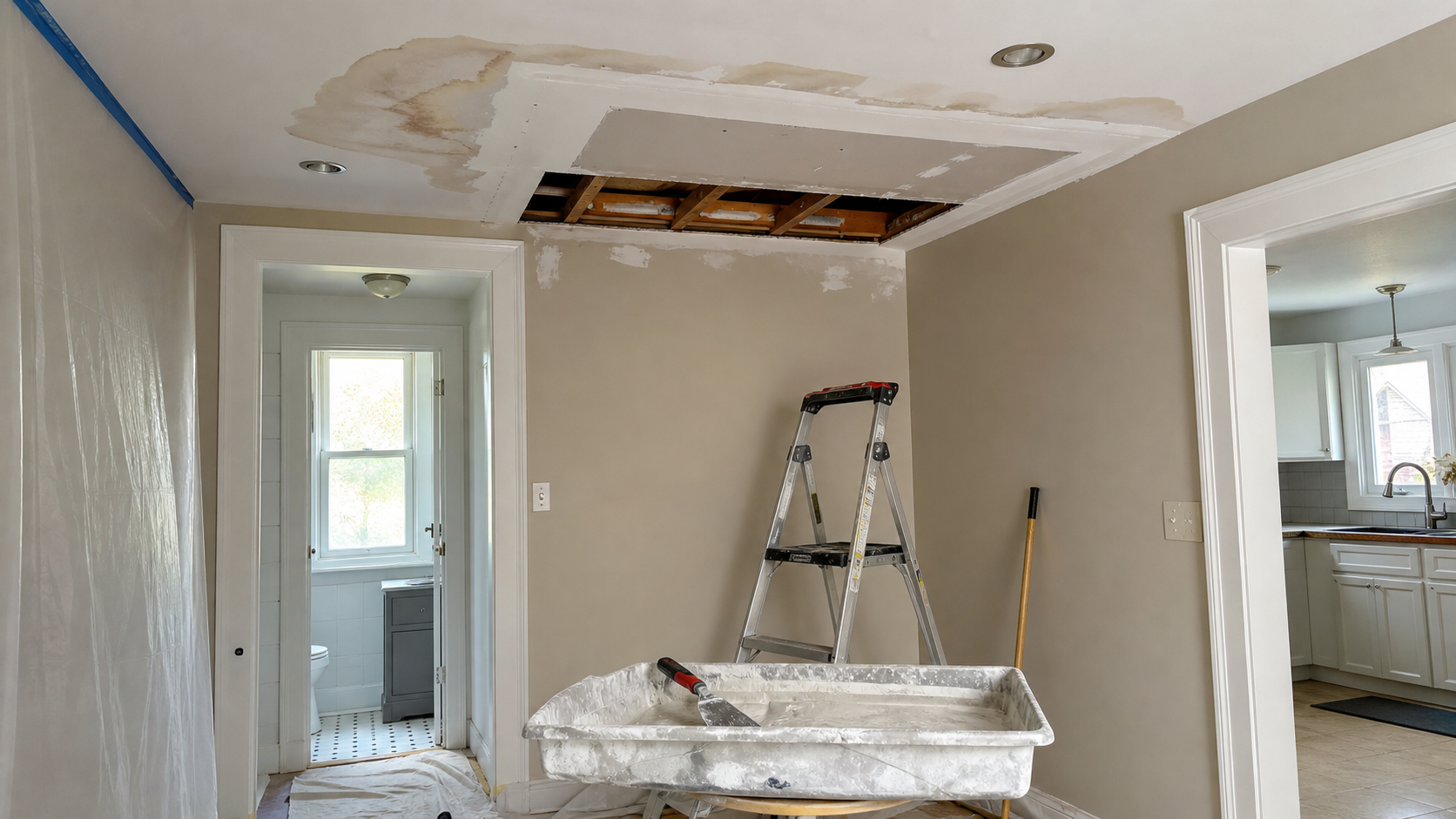 Ceiling water damage drywall repair setup in a Hamilton-style home