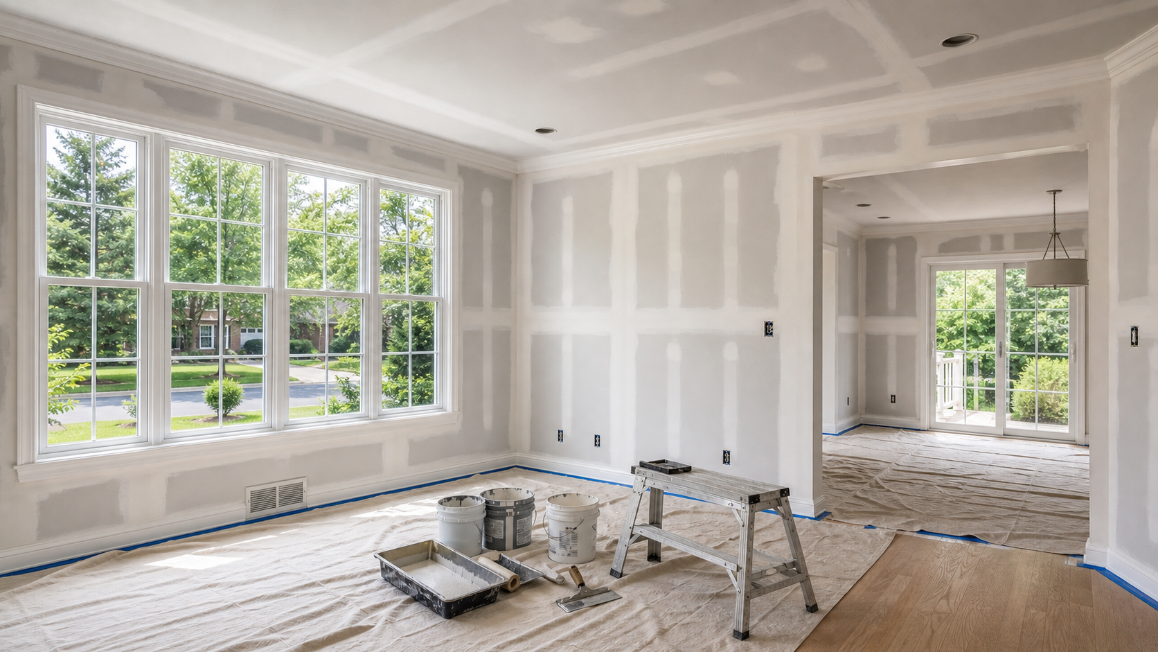 Oakville bright room with drywall finishing, protected floor, and smooth wall prep.