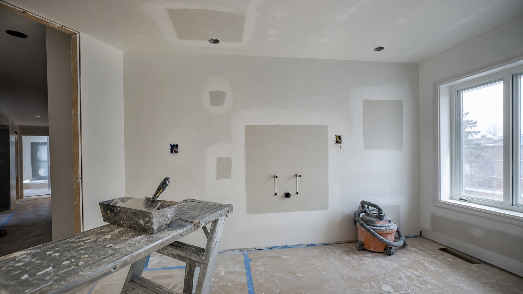 Drywall patches after electrical and plumbing access in a Hamilton-style home