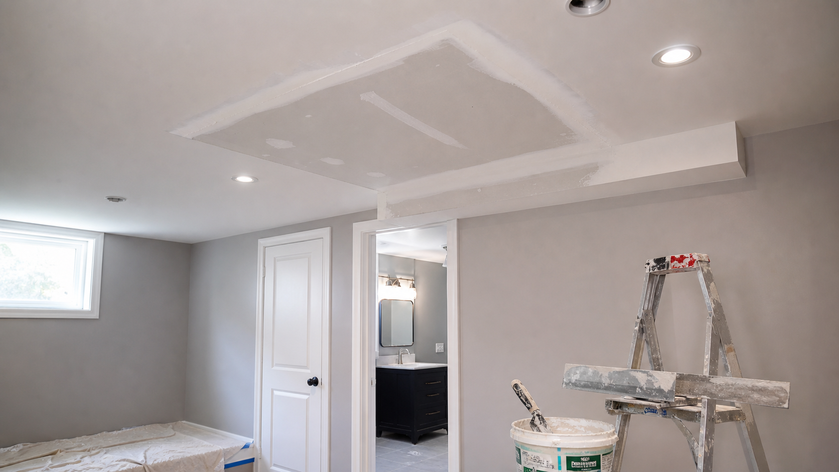 Drywall ceiling patch after plumbing access in a Burlington-style home