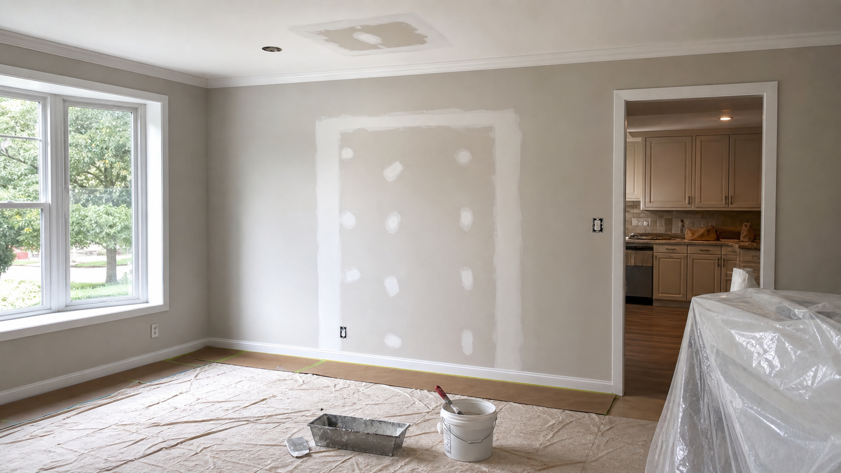 Drywall repair cost guide image showing wall and ceiling patches in a Burlington-style home