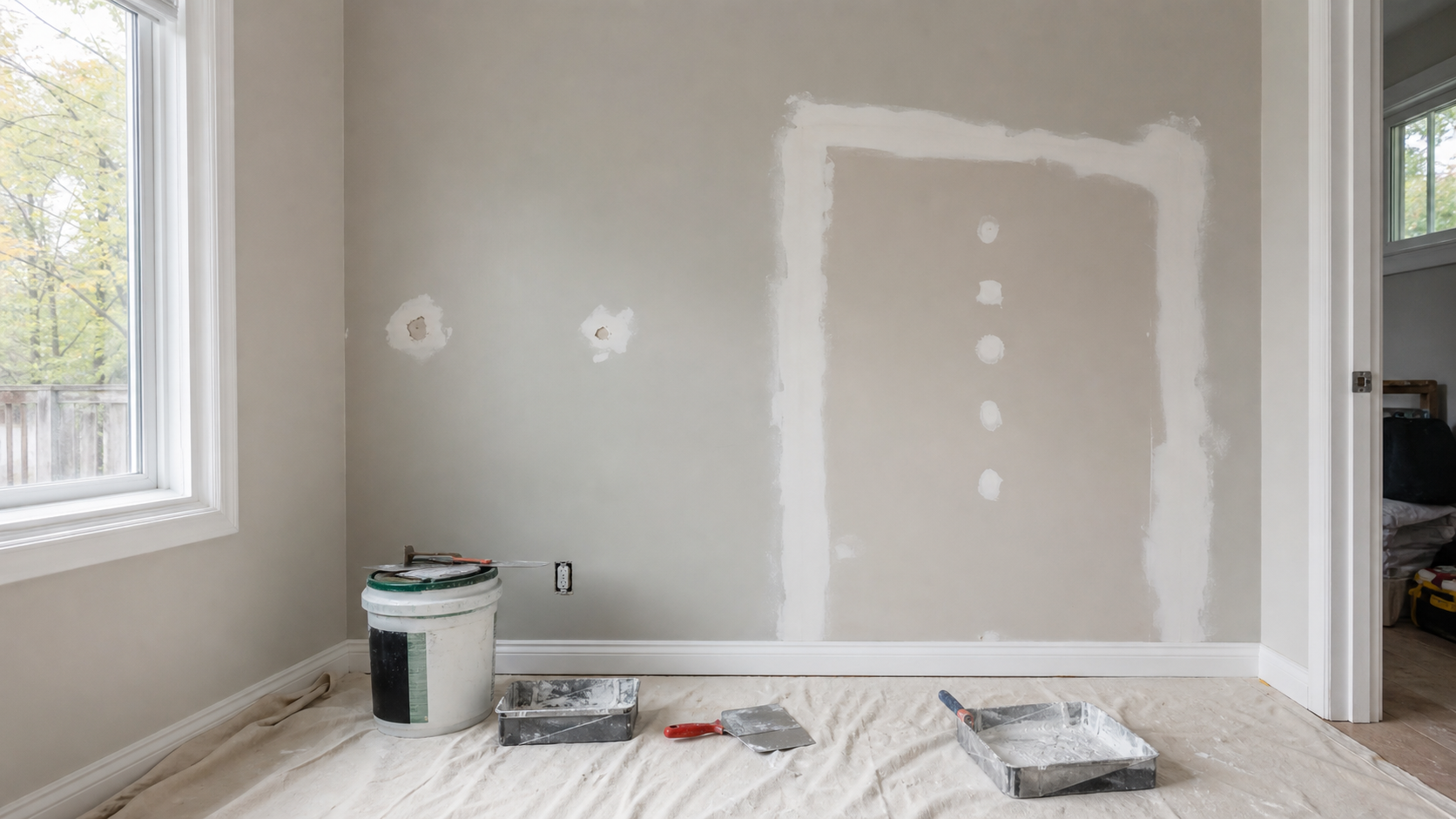 Small drywall holes and patch repair setup in a Grimsby-style home