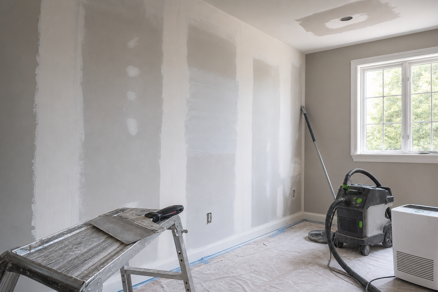 Drywall finishing stages drying in a protected Ontario room with HEPA sanding equipment