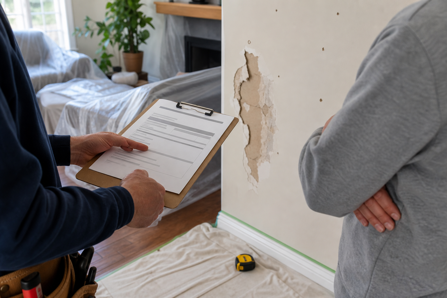Contractor reviewing a drywall repair quote beside a damaged wall in a protected Ontario home