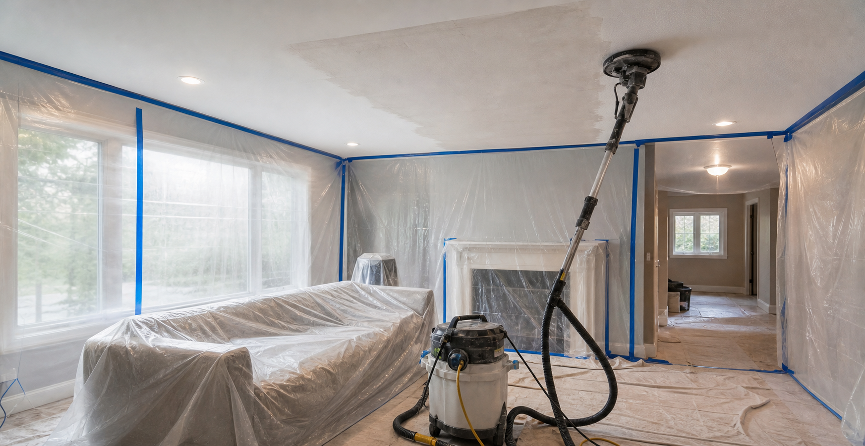 Dust-controlled popcorn ceiling removal setup with HEPA sanding equipment in an Oakville-style room.