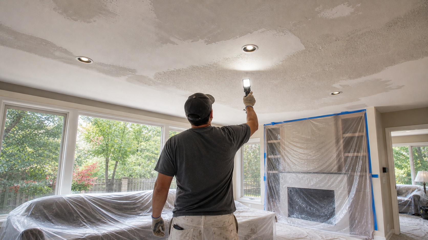 Popcorn Ceiling Removal With Pot Lights in Oakville