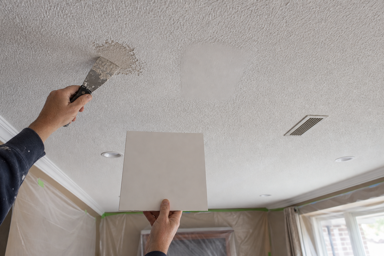Contractor comparing a scrape test, skim coat sample, and drywall panel under a painted popcorn ceiling