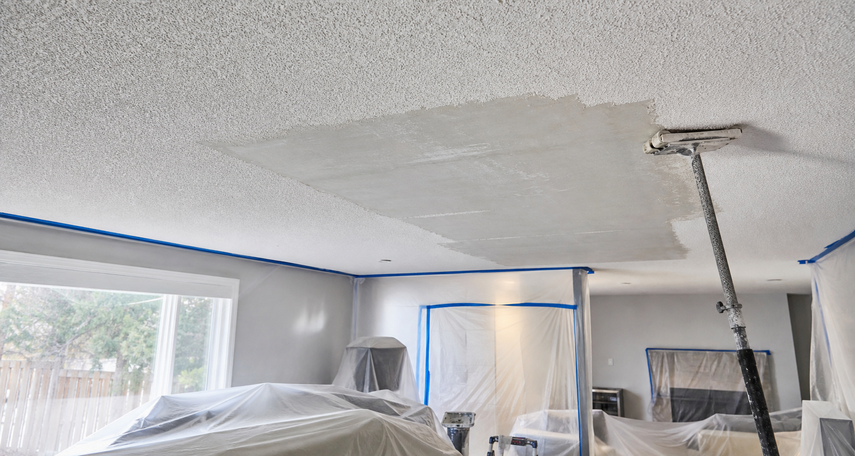 Painted popcorn ceiling being prepared for removal and skim coating in a protected Oakville room.