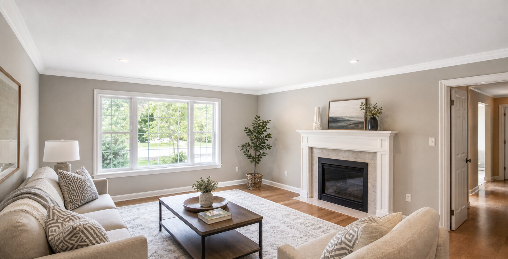 Finished smooth ceiling in a staged Oakville-style living room before selling.