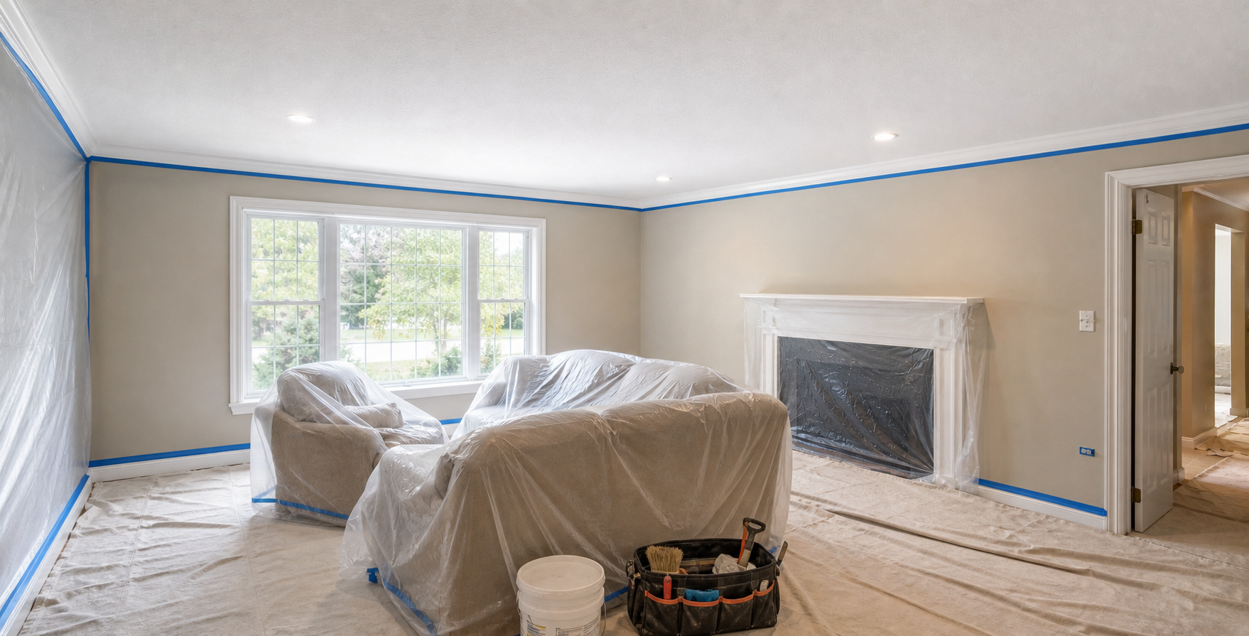 Oakville living room prepared with protected furniture before popcorn ceiling removal.